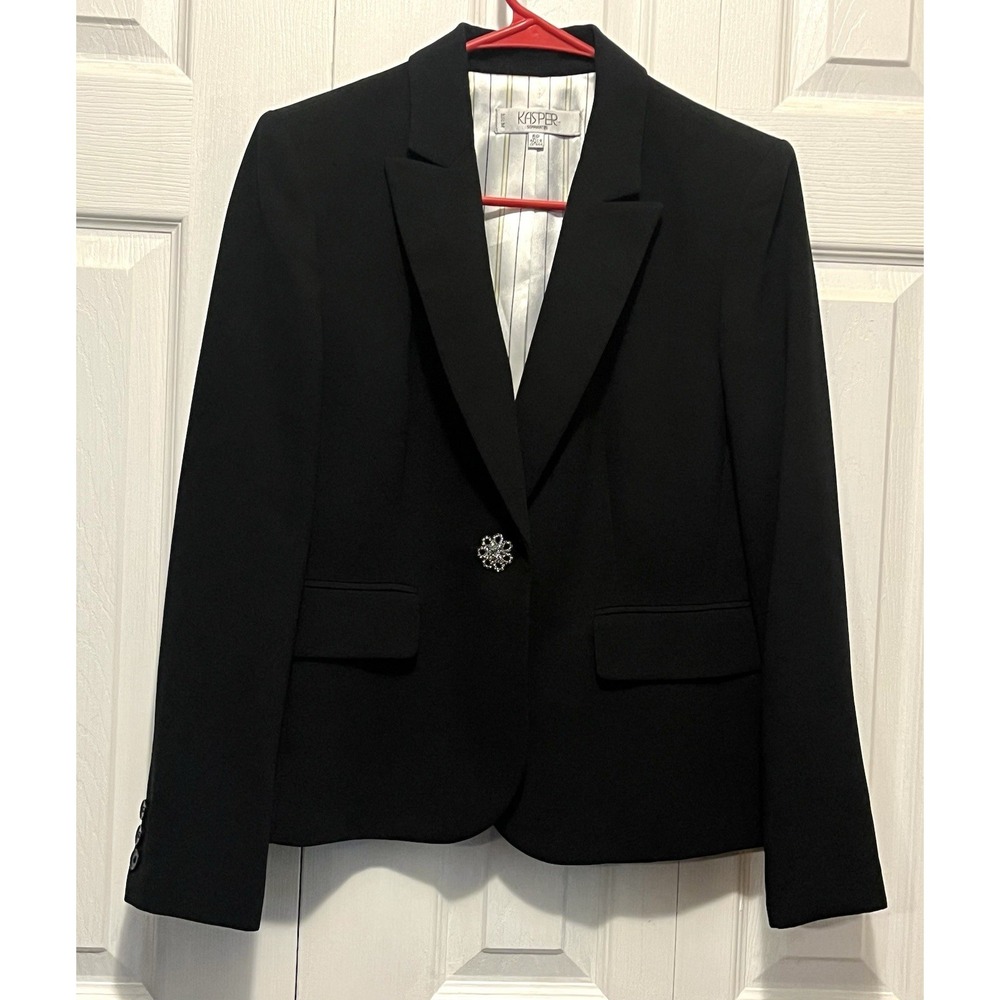 Kasper Blazer Size 6 Petite Black Crystal Button Career Suit Jacket Office Goth